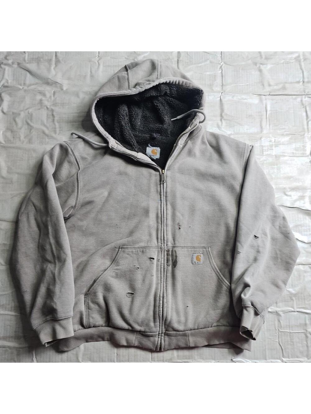Title: vintage distressed carharrt zip up Grey hoodie